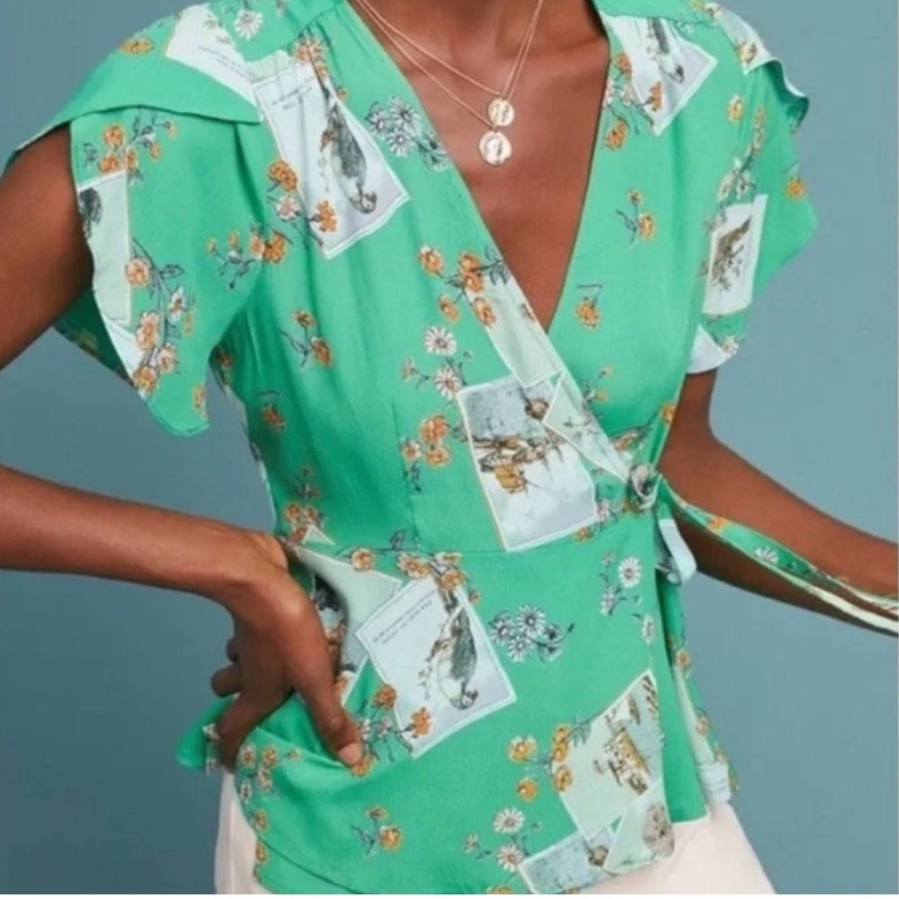 Anthropologie Meadow Rue Green Bon Voyage Bird Wrap Blouse Size 0